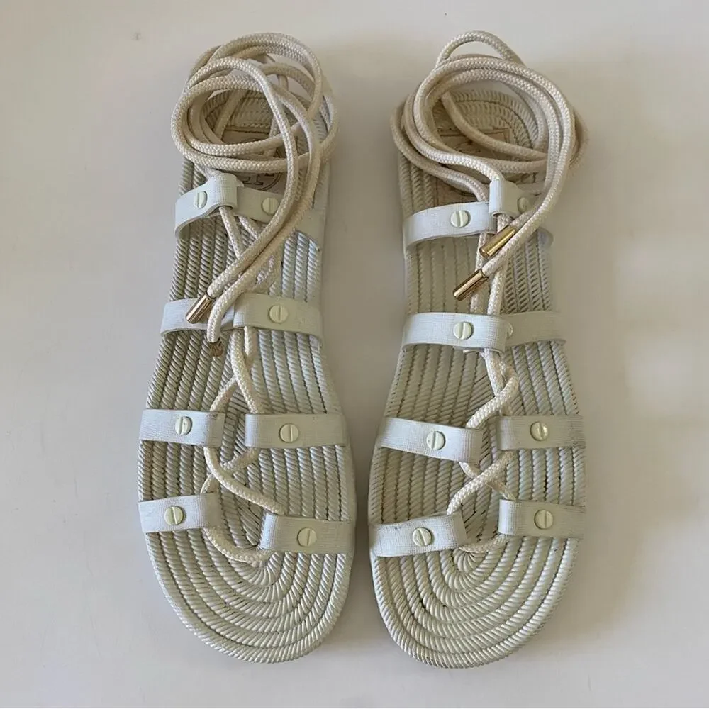Tory Burch Lace Up Gladiator Rope Strappy Ankle Wrap Flat Sandals Off White - Picture 2 of 10